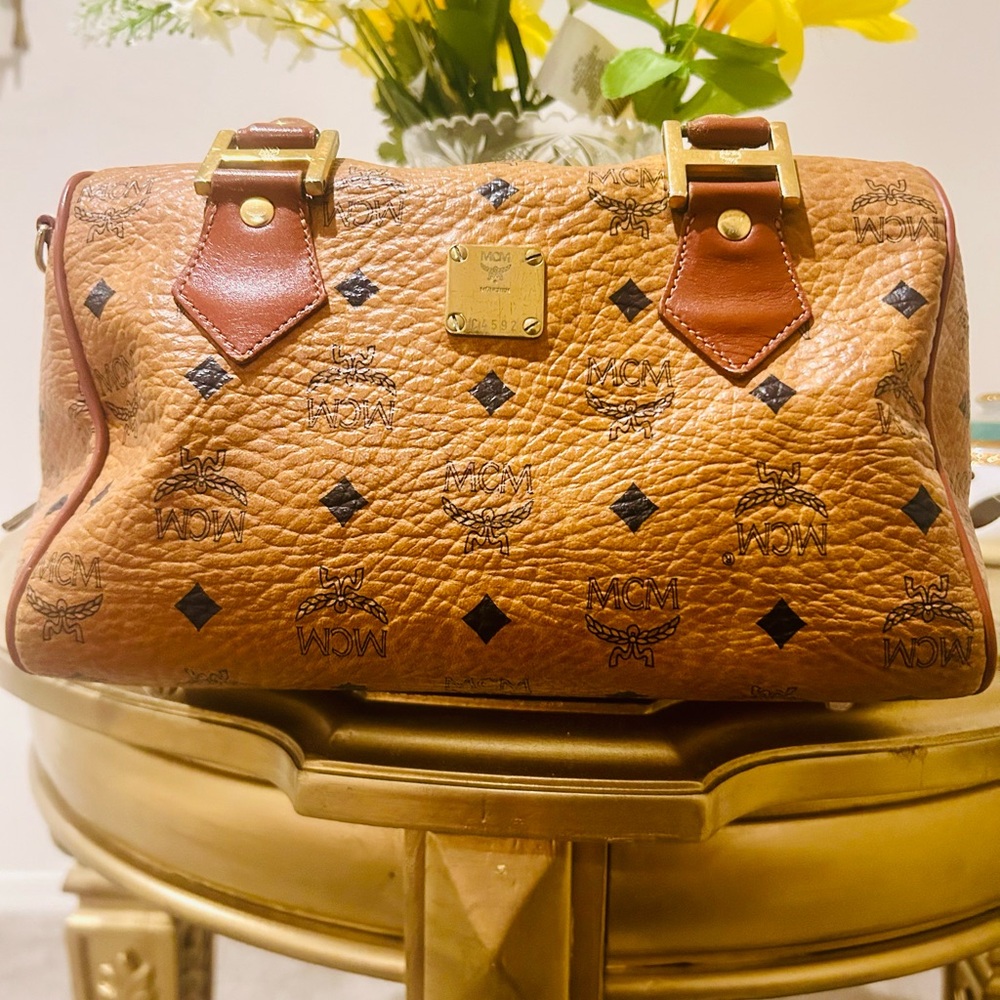 MCM Visetos Boston Leather Satchel